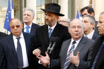 Paris Mosque rector Boubakeur, France's Grand Rabbi Bernheim, President of the CRIF Prasquier and President of the French Muslim Council Moussaoui speak to the media at the Elysee Palace in Paris